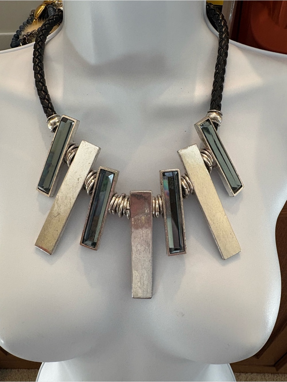 Passion Massive Statement Silver and Black Geometric Bar Leather Silver Necklace